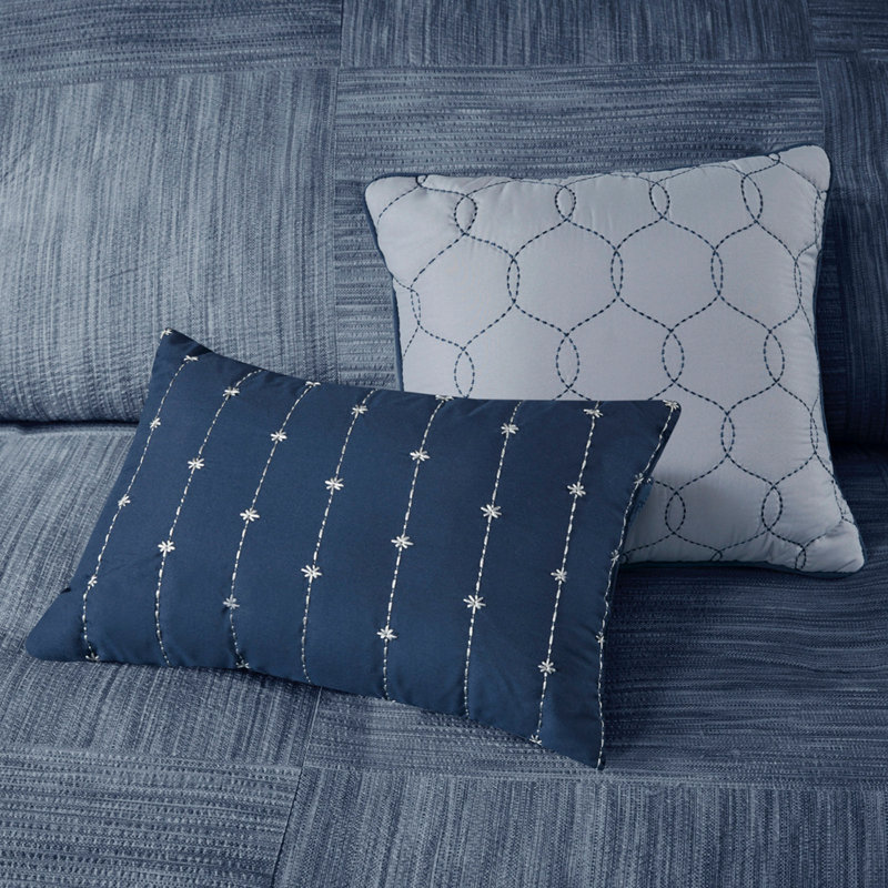 Ensemble d'édredon imprimé 7 pièces en seersucker bleu marine