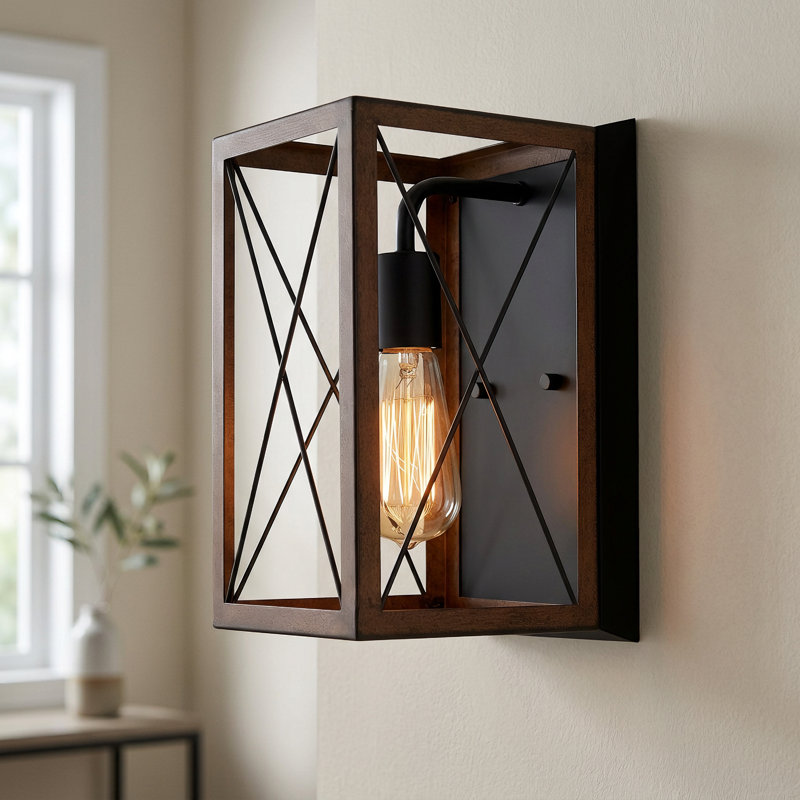 Duwe Flush Mounted Sconce, Matte Black/Barnwood Accents