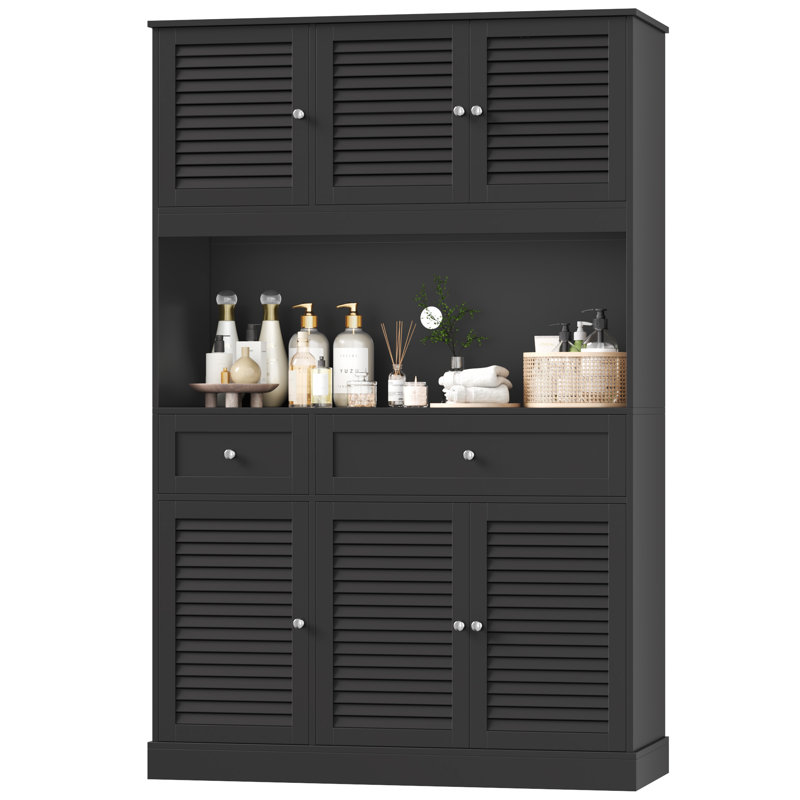 70.5" H Freestanding Bathroom Cabinet With 6 Louvered Doors & 2 Drawers, Black