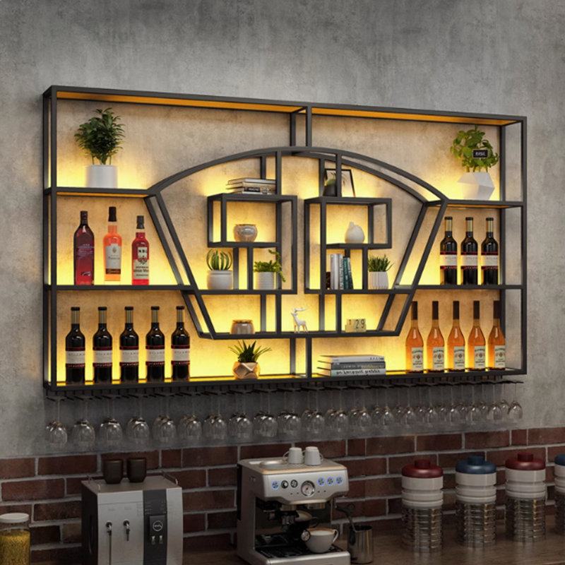 Support à vin mural festonné en fer, Noir, H 47,2 po x l 94,4 po x P 7,8 po