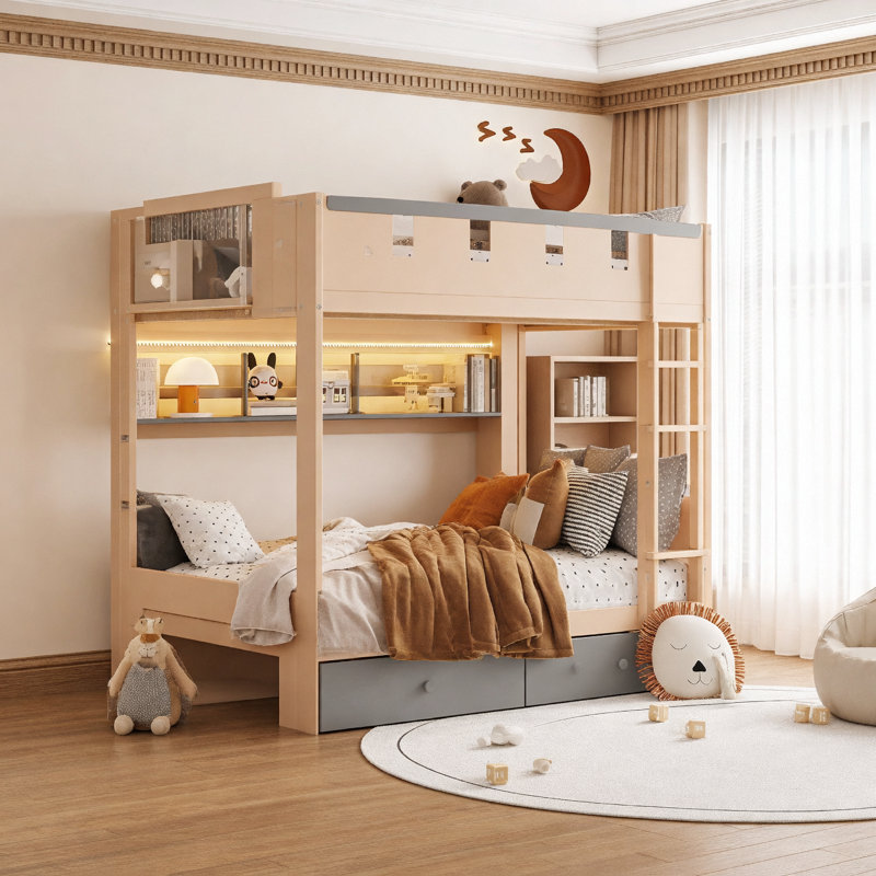 Lit superposé double pleine grandeur de style château avec 2 tiroirs, tablette et DEL, gris, Grey/Beige, Double sur double