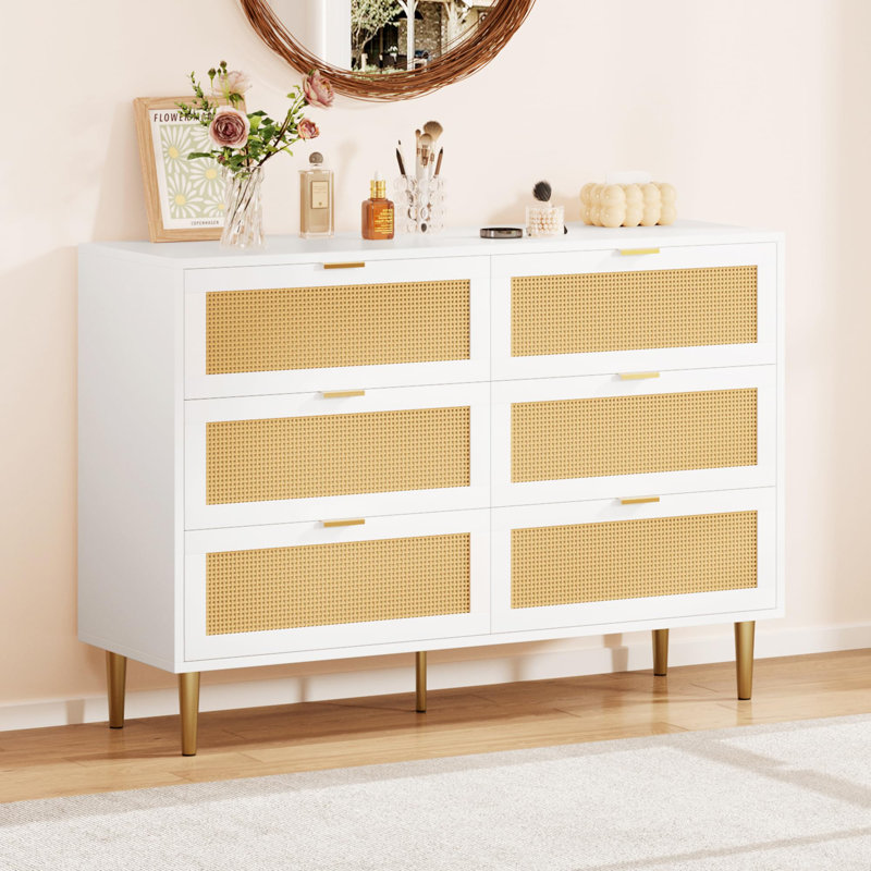 Commode 6 pièces en rotin avec commode en bois et pieds en métal, Blanc