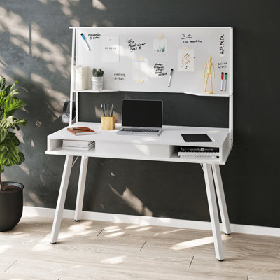Study Computer Desk With Storage & Magnetic Dry Erase White Board, White