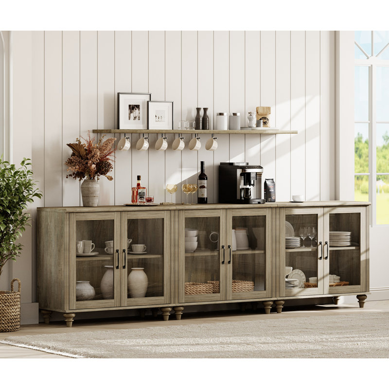 Buffet Corretta avec 6 portes en verre, armoire Buffet avec tablette réglable, Gris délavé