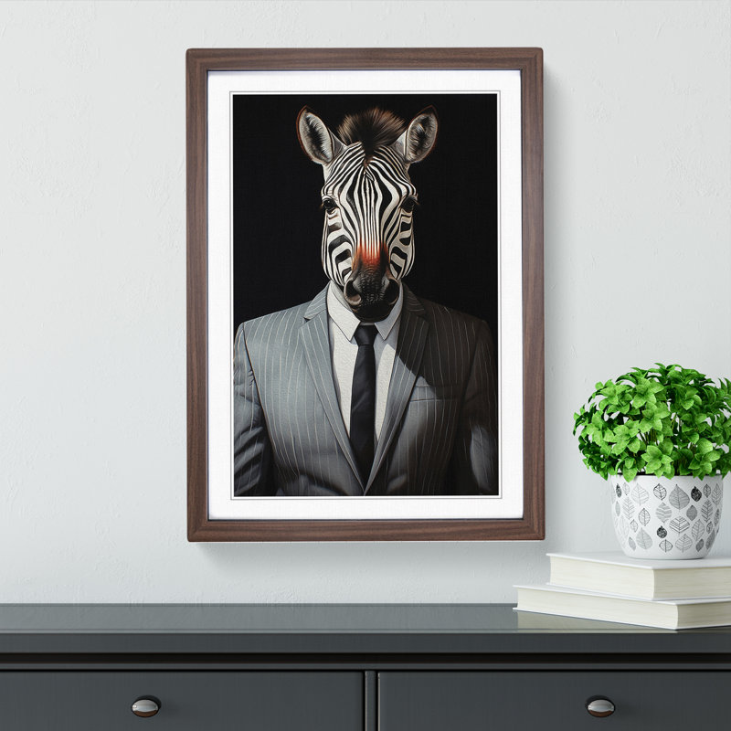 XYZ-FRM-V1223-1736 Zebra In A Suit Painting No.3 - Single Picture Frame Print on Wood, 34cm H x 25cm W x 2cm D, Walnut