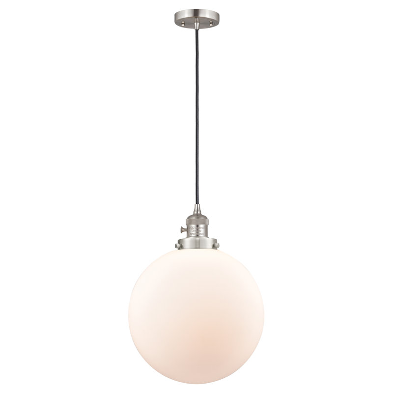 Luminaire suspendu à globe unique à 1 lumière, Nickel satiné brossé, Blanc mat