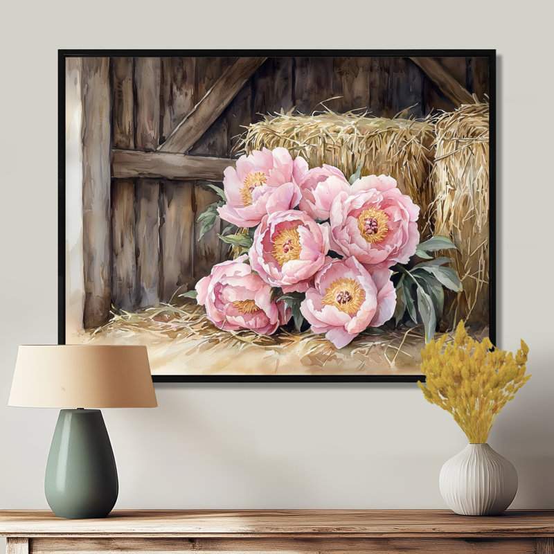 Dortha Farm, pivoines dans le Hayloft I - pivoines, art mural, H 12 po x l 20 po, Impression encadrée flottante