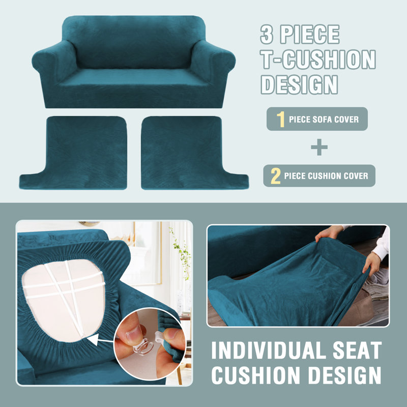 Velvet Stretch 3 Piece T Cushion Sofa Slipcovers for 2 Couch Covers with 2 Individual T Cushion Covers Machine Washable