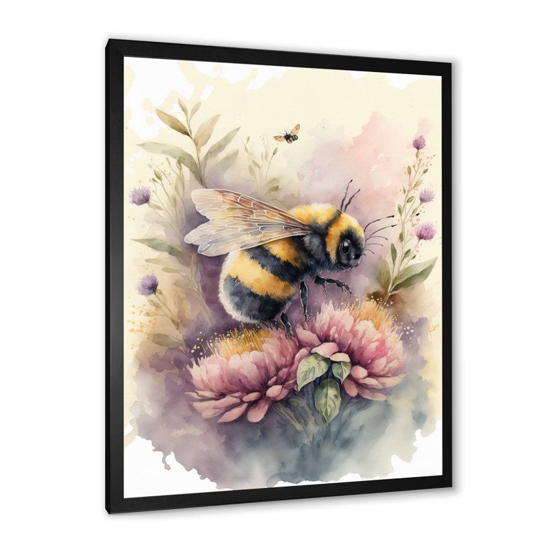 Kashlee Bee Flying To A Flower Watercolour I - Print on Canvas, Black Picture Framed Canvas, 12" W x 20" H