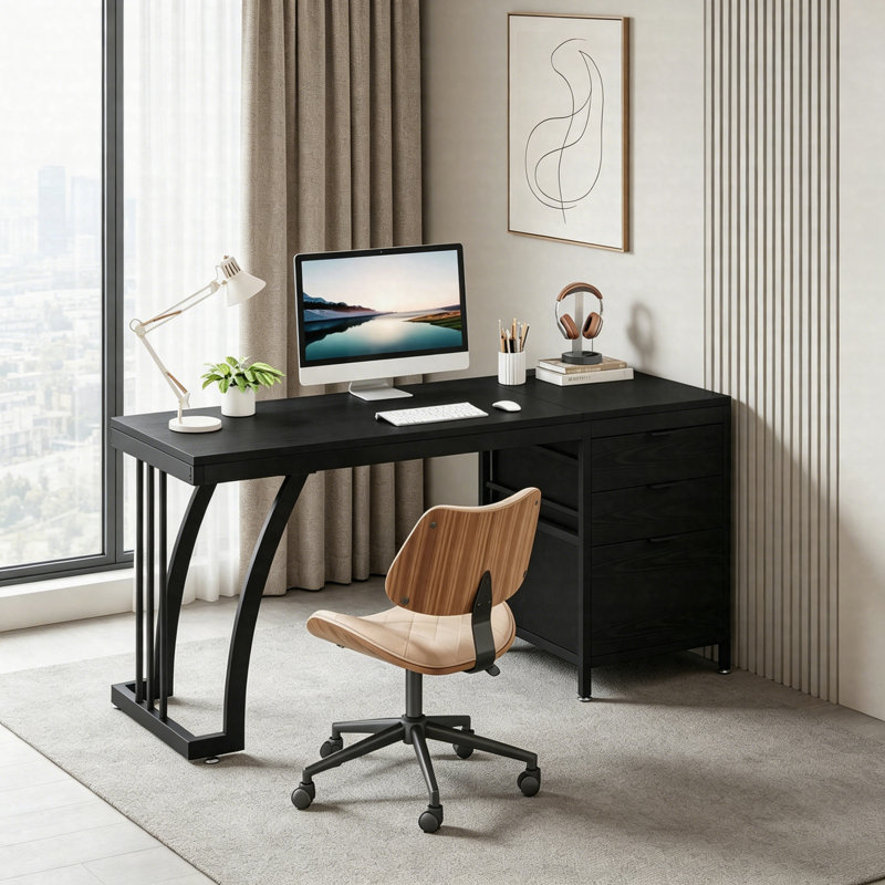 Industrial Computer Desk 59", Study Desk With Reversible Drawer Cabinet And File Storage, Black