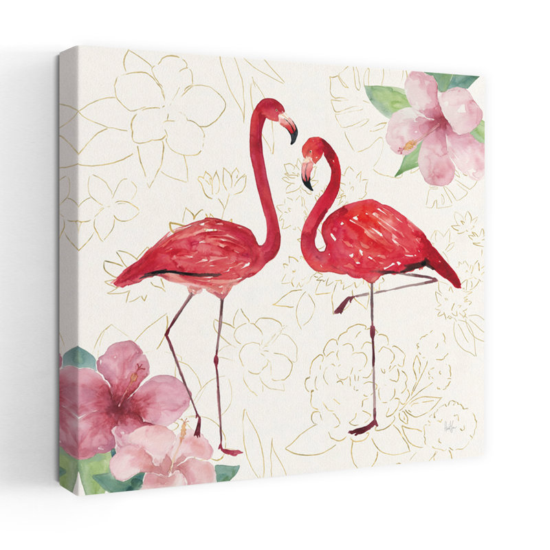 Art tropical tropical avec oiseau doré et hibiscus flamant rose, H 48 po x l 48 po