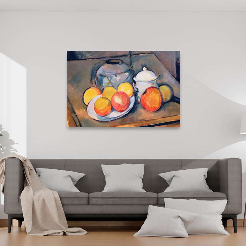 Vase recouvert de paille, sucrier et pommes, 1890-93. Estampe d'art mural abstrait contemporain., H 40 po x l 60 po