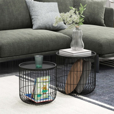 Round Coffee Table with Steel Wired Basket Body, Stacking End Tables Blanket Storage