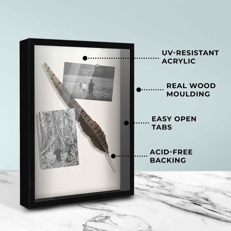 Krucik Solid Wood Shadow Box Picture Frame, Black, 10" W x 6" H