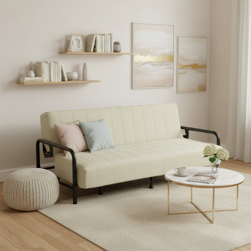 Modern Beige Futon Sofa Bed With Arm, 78.74" 3-position Adjustable Backrest, Metal Frame, Capacity 500 Lbs, Convertible Daybed For Living Room/guest Room/studio Apartment