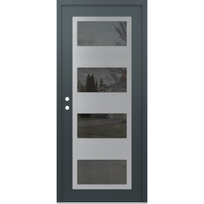 Porte d'entrée pré-suspendue à panneau en acier argenté anthracite / anthracite, Oui, Miroitant