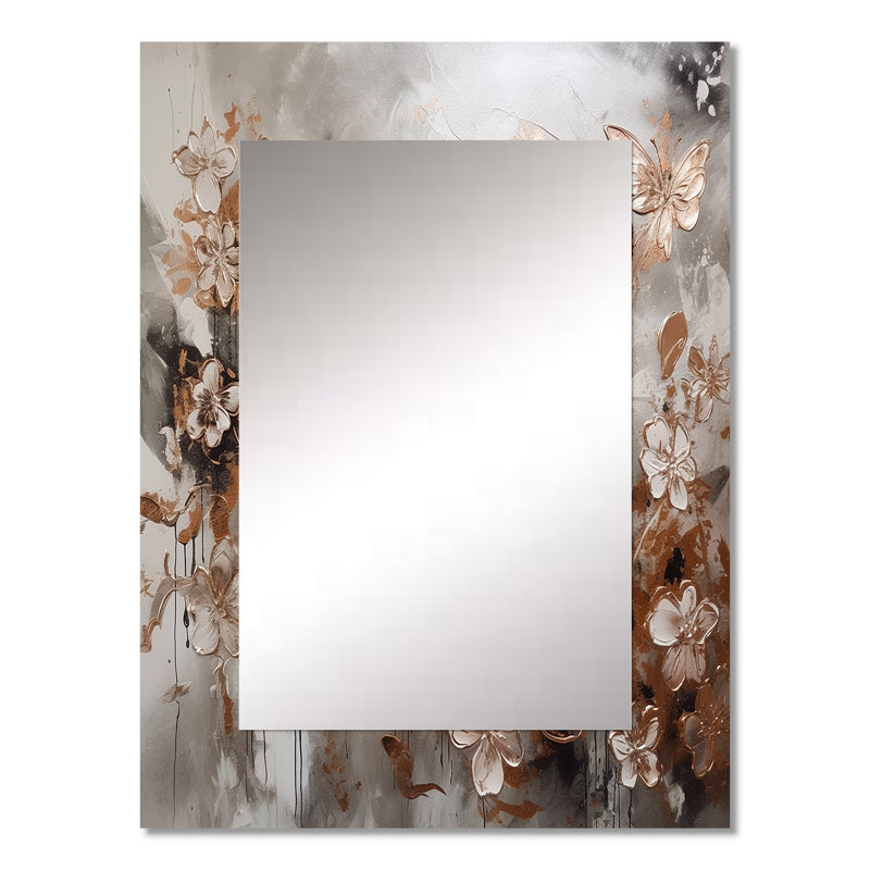 Or rose papillon ailes et fleurs I - miroir décoratif floral, miroir mural traditionnel, impression d'art en métal
