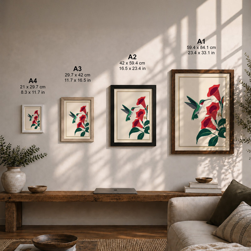 Hummingbird and Trumpets Botanical - Framed Print, A2 - 59.4 x 42.0 cm, Oak
