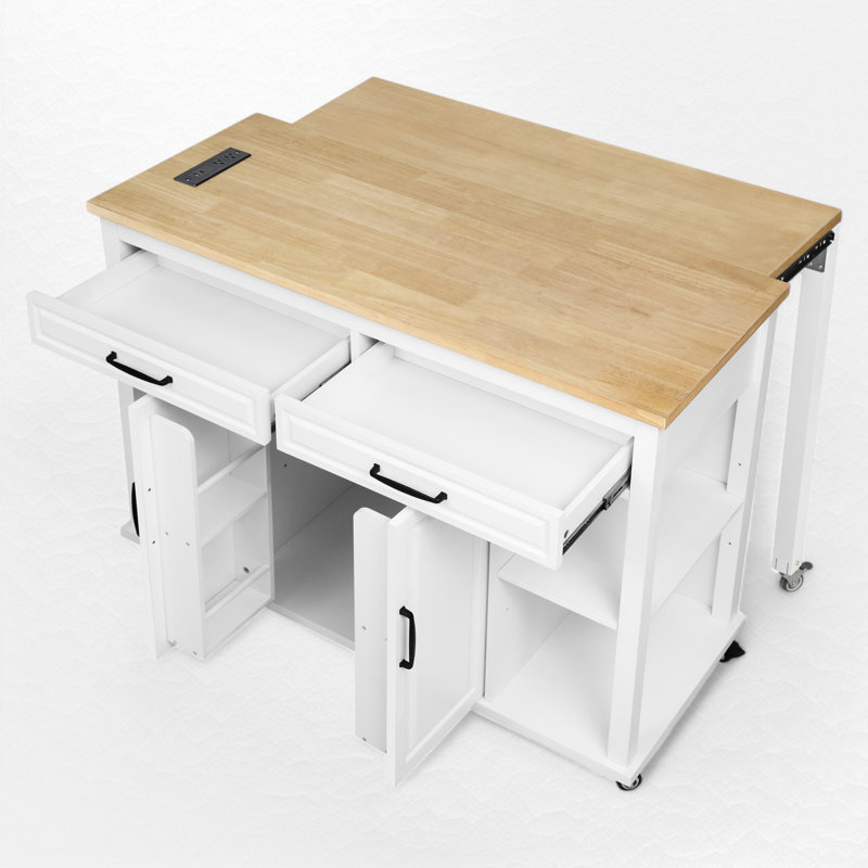 Îlot de cuisine avec table de salle à manger extensible, Blanc