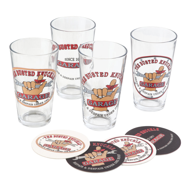 Traditional Busted Knuckle Garage 4-Pack Pint Glass Set with Coasters