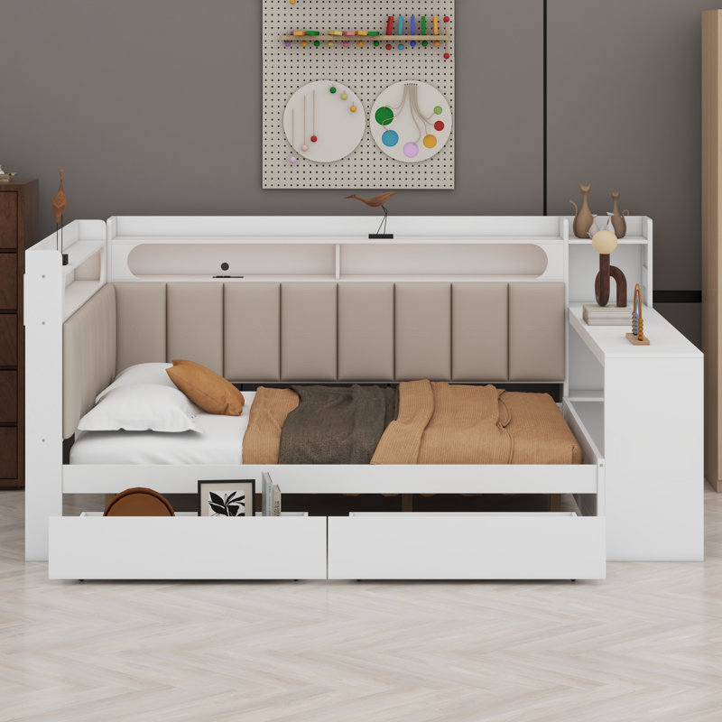 Lit de jour avec tablettes de rangement, tiroirs, station de charge, lumière DEL, bureau et tête et dossier rembourrés, Blanc