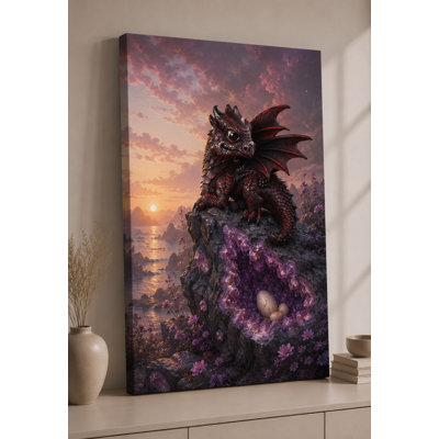Grand bébé rubis dragon, impression sur toile 24 x 36 pouces, nid de cristal, fantaisie, œuvre de dragon pour chambre d'enfant, décoration de maison, thème de conte de fées magique - prêt à être accroché
