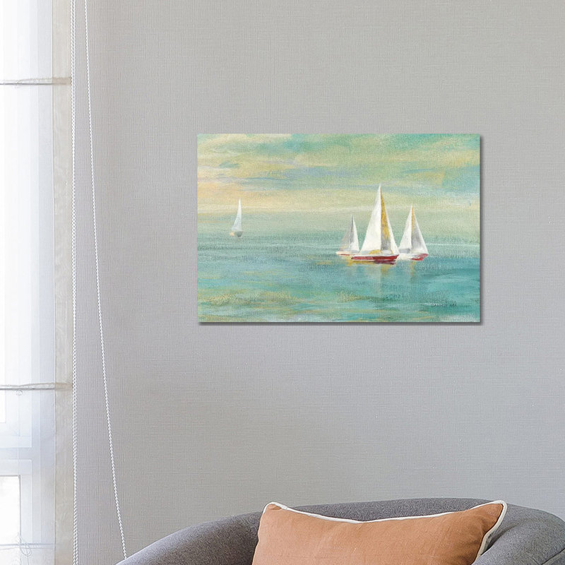 « Sunrise voiliers II Nautical » par Danhui nai, reproduction d’art, H 18 po x l 26 po x P 1,5 po, Toile tendue, Pas de tapis