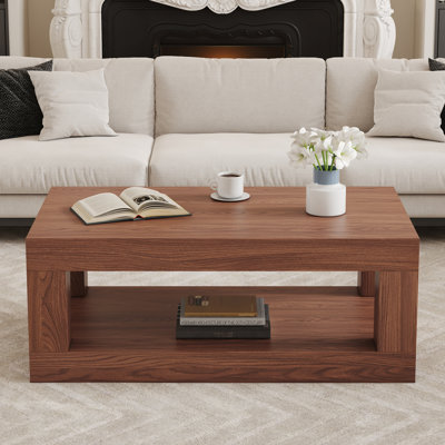 Table basse moderne à 2 niveaux pour mobilier de salon, table centrale rectangulaire avec tablette de rangement ouverte. La table basse à double couche est fabriquée en panneau de fibres à densité moyenne. Assemblage stable et durable, facile