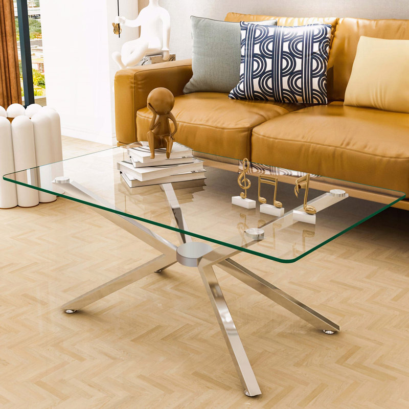 Table basse rectangulaire en verre trempé transparent avec pieds en métal argenté