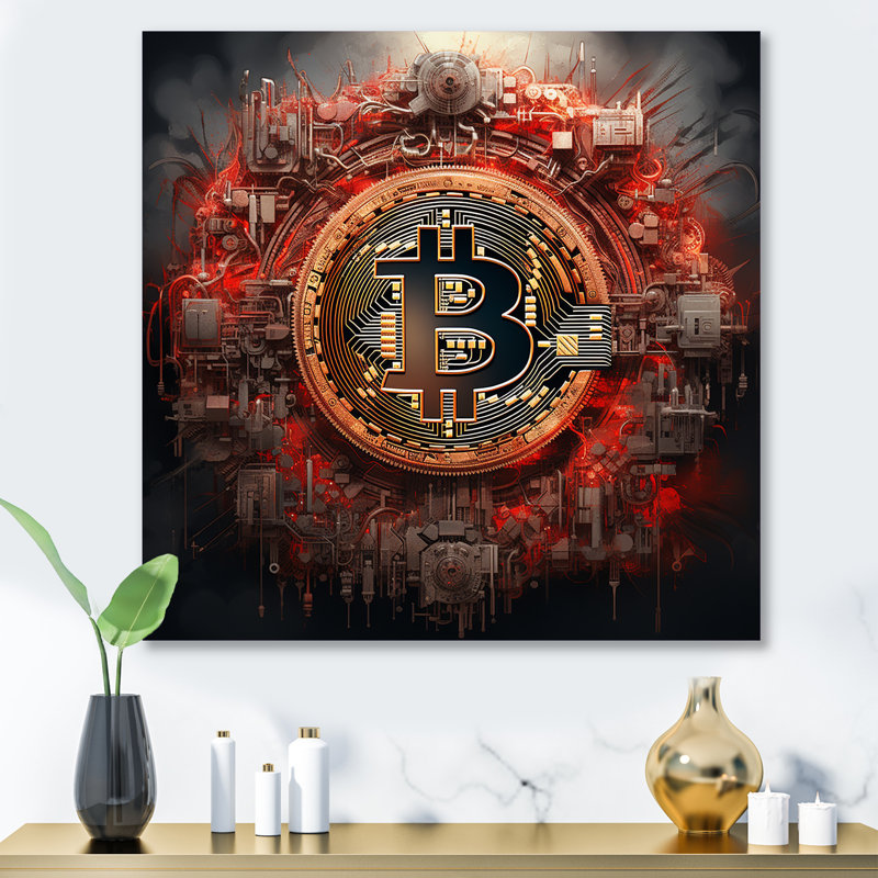 «Red Bitcoin Crypto monnaie I», art mural en métal à la mode, H 36 po x l 36 po x P 1,5 po