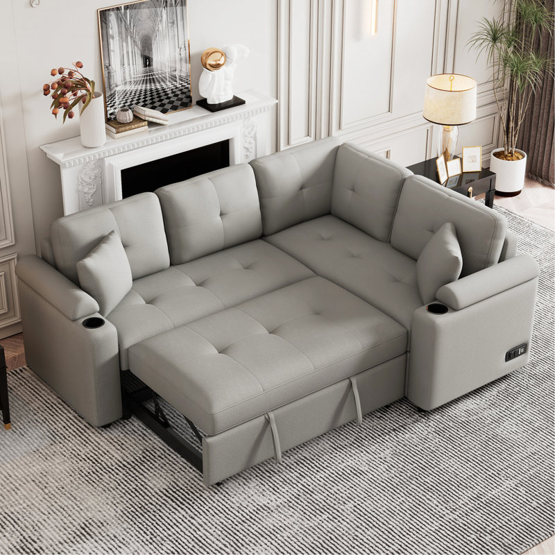 83" L-Shape Sofa Bed Pull-Out Sleeper Sofa With Wheels, Gray Boucle