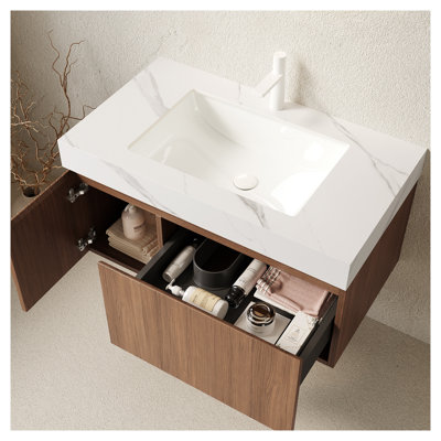 Meuble-lavabo suspendu MURI de 91 cm (36 po) avec comptoir en pierre frittée, lavabo encastré en céramique et armoire de rangement en contreplaqué, fini chêne brun.
