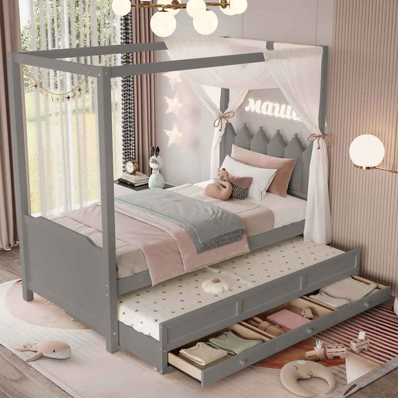 Lit plateforme simple avec tête de lit tapissier, lit gigogne simple et 3 tiroirs, cadre de lit à baldaquin princesse pour enfants, rangement et assemblage facile
