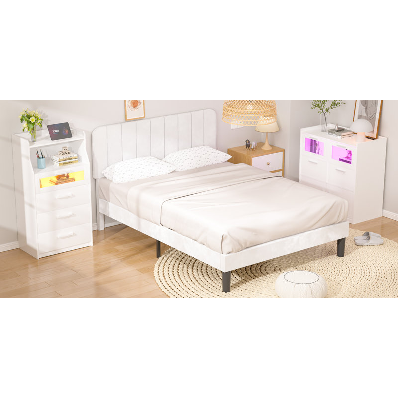 Ensemble de chambre à coucher 3 pièces, ensemble de lit tapissier avec commode à 4 tiroirs et ensemble de commode, Double