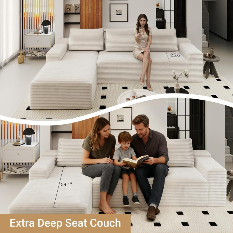 Canapé modulaire modulaire Cloud avec méridienne, canapé long en forme de L à gauche avec siège profond, canapé 3 places désossé surdimensionné pour salon