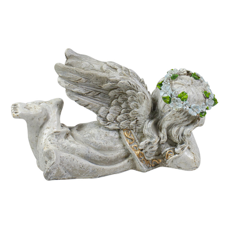Whimsical Gray Polyresin Angel Garden Statue with Gold Accents