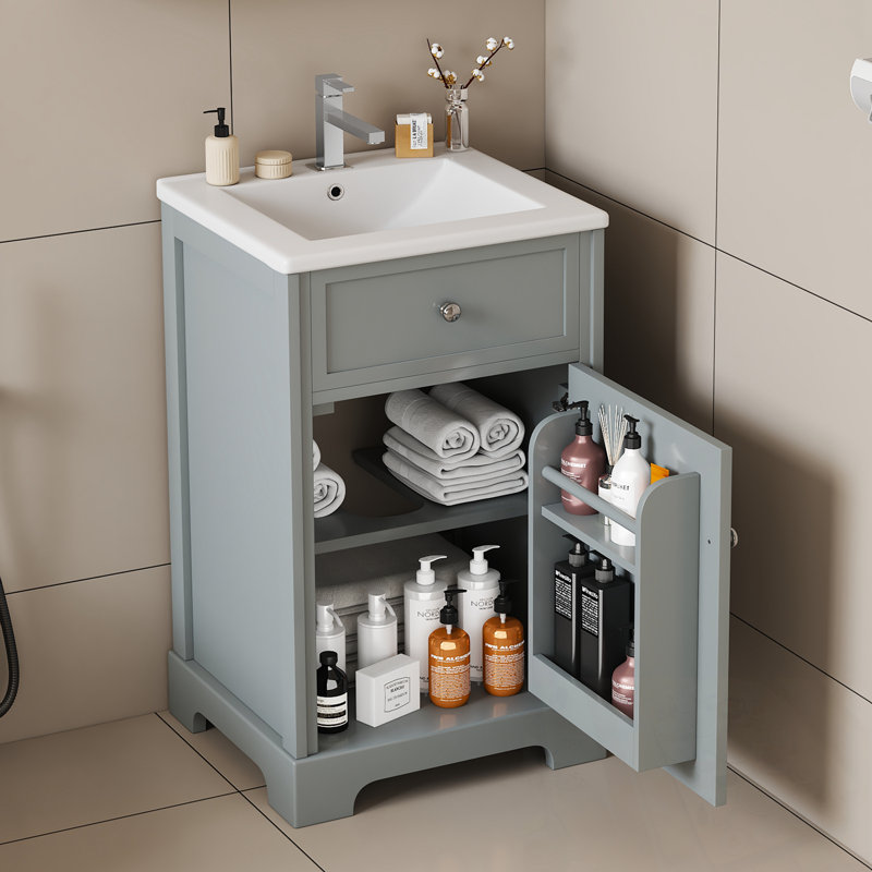 Meuble-lavabo de salle de bain avec lavabo, porte à fermeture douce, support de rangement et tablette réglable, Gris