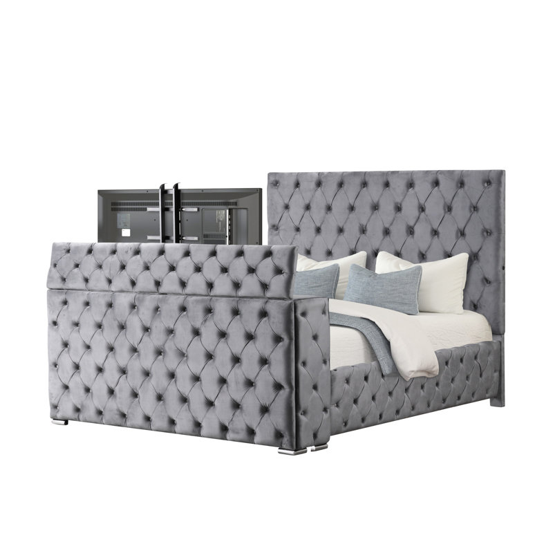 Queen Bed In Gray, Modern Style, With Tv Storage, Electric Fireplace, Solid Wood And Gray Bed, Velvet Frame