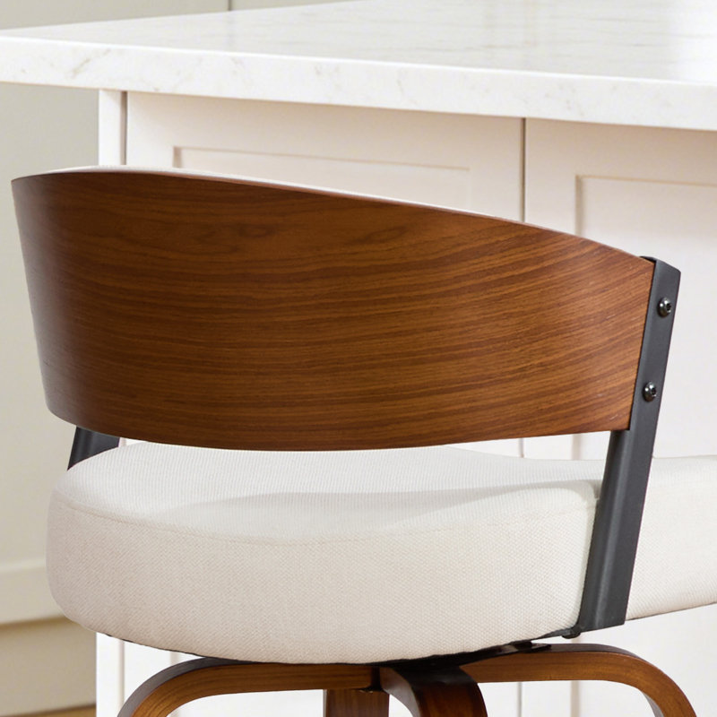 Tabouret de bar pivotant à 360 ° de style Mid-Century courbé moderne avec siège rembourré et dossier ouvert, Ivoire chaud