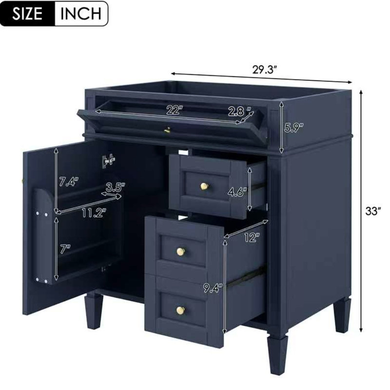Meuble-lavabo de 30 po, 3 tiroirs, organisateur de porte d'armoire, tablette réglable, tiroir basculant, rangement diversifié, design moderne, bois massif à pieds romains exquis pour une transformation en douceur du rangement