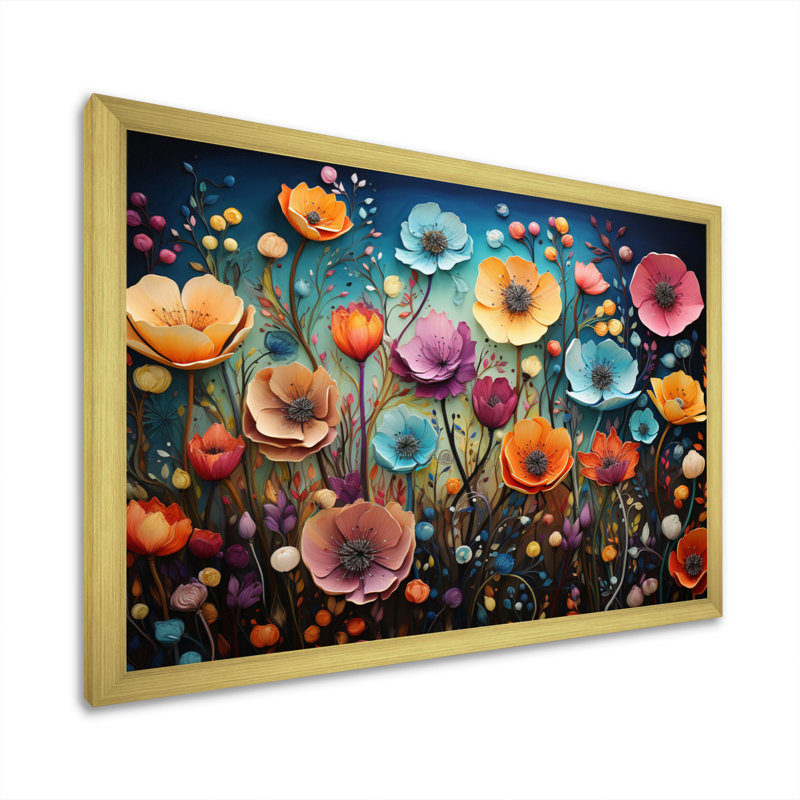 Fleurs colorées fantaisistes - Art mural fleurs sauvages, H 34 po x l 44 po x P 1,5 po, Cadre doré