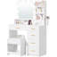 Dressing Table with 3-Colour LED Adjustable Brightness, Vanity Table with Plug and Large Mirror, Stool and Hairdryer Holder, Muti-Drawer Dressing Table, 6 Open Storage Areas,-1207974949