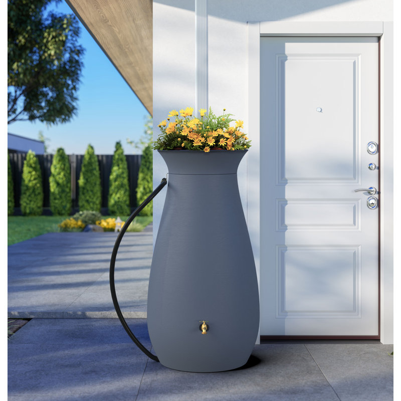 65 Gallon Plastic Rain Barrel with Planter Top, Slate Gray