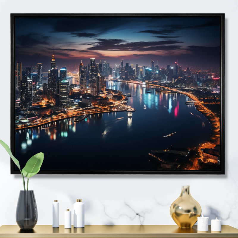 Thailande, paysage urbain, lueur I, H 34 po x l 44 po x P 1,5 po, Cadre flottant noir