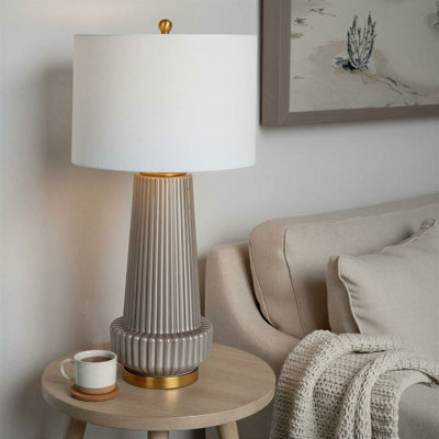 Ribbed Glass Table Lamp with Tapered Drum Shade