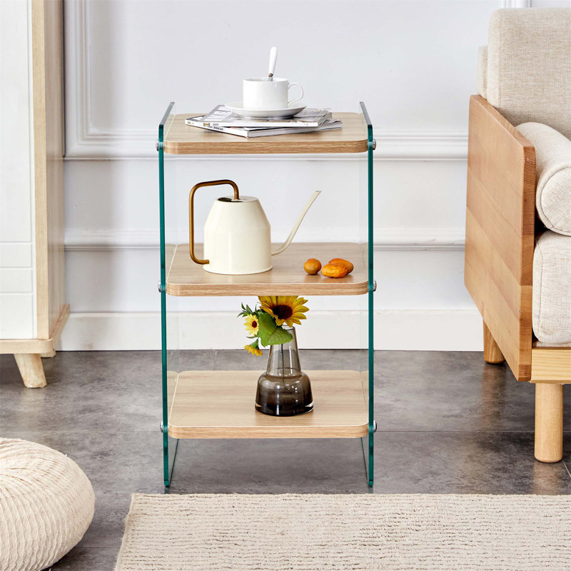 Table de chevet 3 niveaux, table d'appoint, table de chevet avec pieds en verre trempé, table d'appoint, Transparent / bois