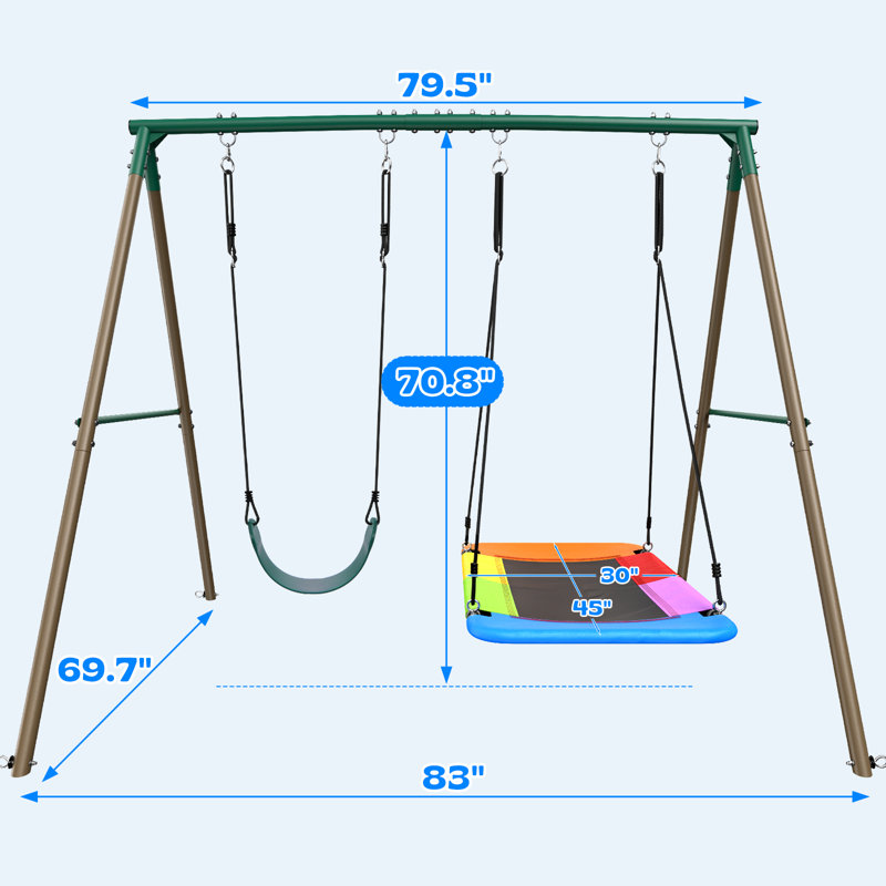 440lbs 2 Seat Swing Sets For Backyard, 1 Platform Swing And 1 Belt Swing 
