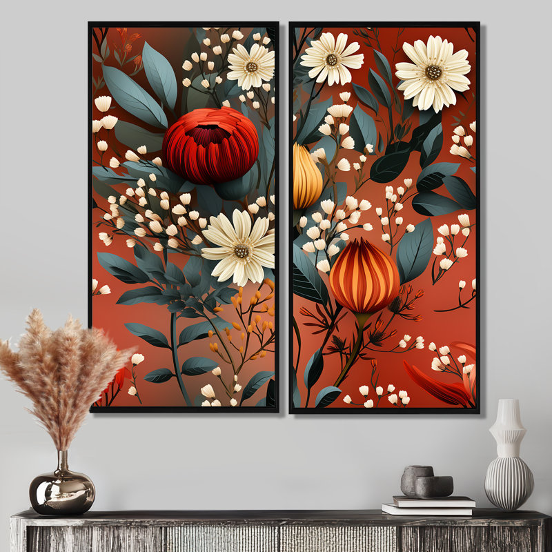 Motif floral rustique bohémien - chalet, art mural traditionnel 2 pièces, H 40 po x l 40 po, Noir, noir, noir, noir