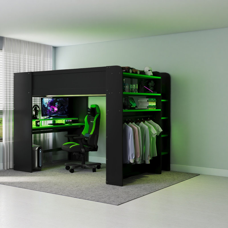 Lit superposé double en bois pleine grandeur avec bureau à hauteur réglable, garde-robe, grand espace de rangement et lumière RVB