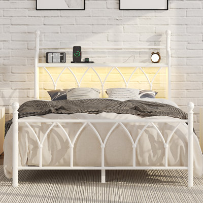 Queen Metal Platform Bed with Floral Style Headboard, Bed Frame with RGB LED Lights, Charging Station & Ample Storage Space, Easy Assembly, White 